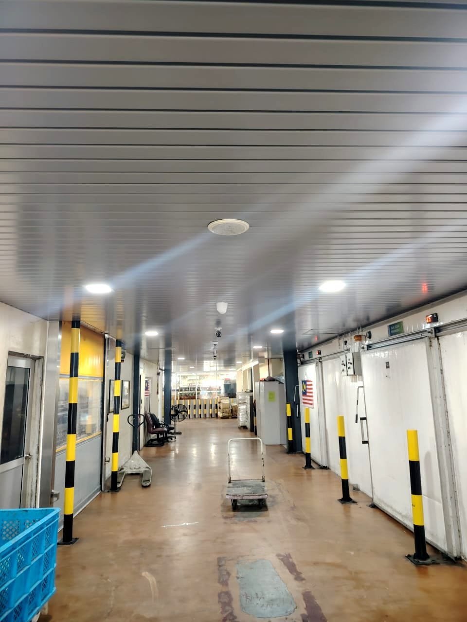 Cold-room corridor lined with hazard bollards and insulated doors at the Luxamana warehouse